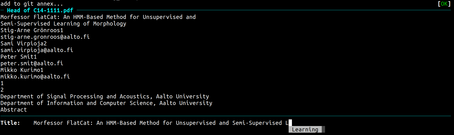 Screenshot of metadata autocomplete